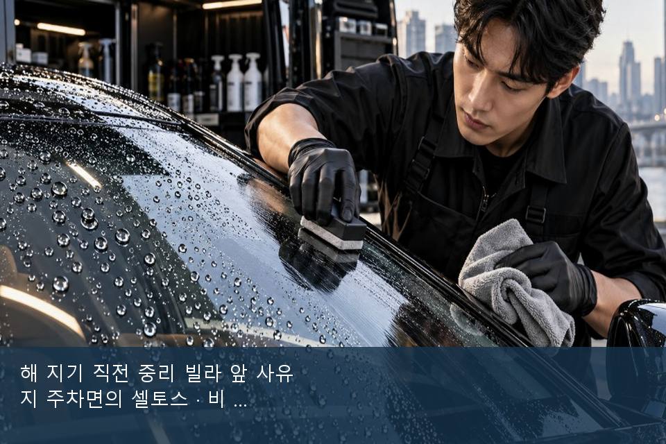 해 지기 직전 중리 빌라 앞 사유지 주차면의 셀토스 · 비 갠 뒤의 작업